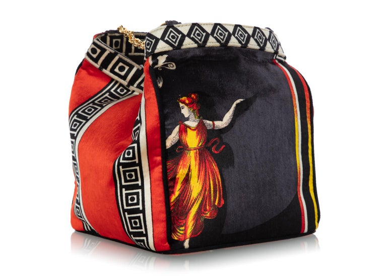 1990s Gianni Versace Couture Silk Velvet Canova Print Gold Chain Bag
