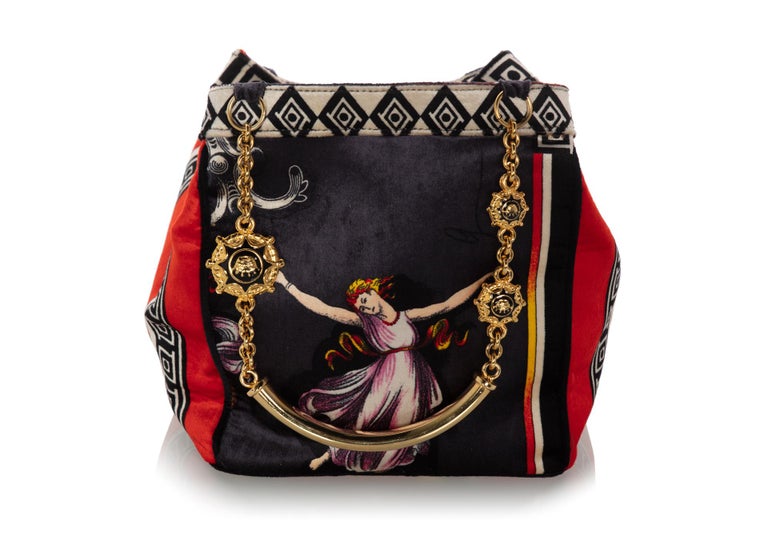 1990s Gianni Versace Couture Silk Velvet Canova Print Gold Chain Bag
