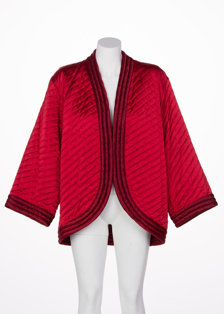 1970s Yves Saint Laurent Chinese Quilted Red Satin Jacket YSL