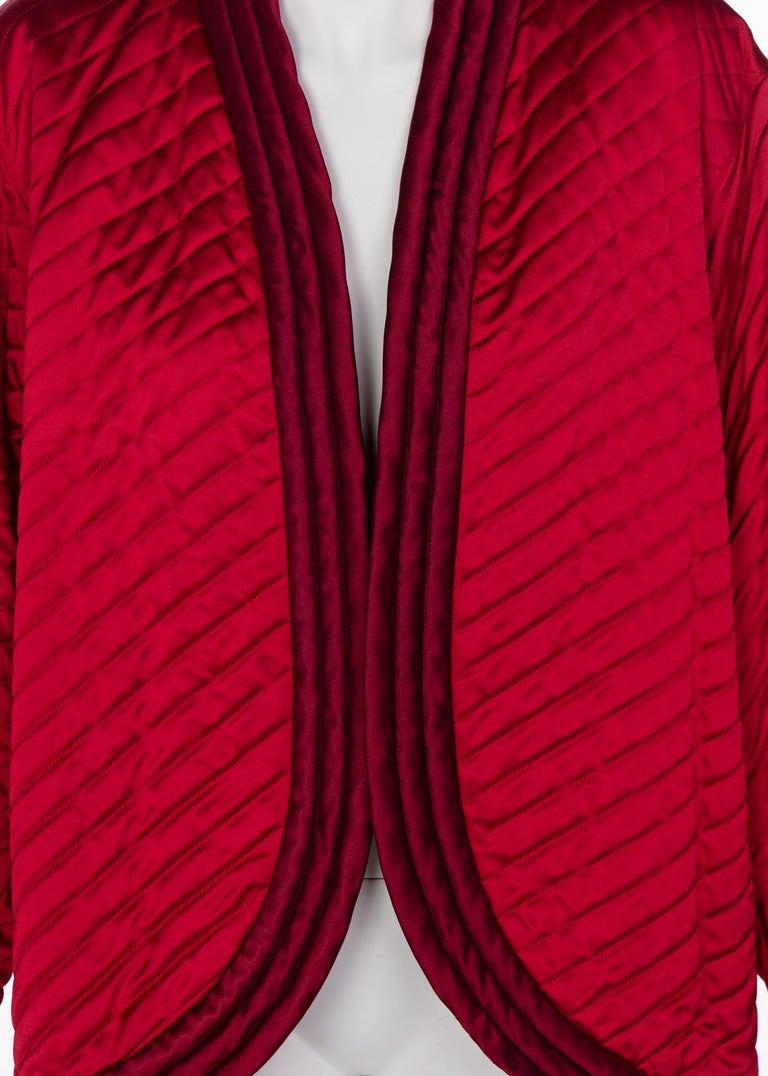 1970s Yves Saint Laurent Chinese Quilted Red Satin Jacket YSL