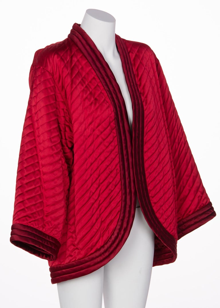 1970s Yves Saint Laurent Chinese Quilted Red Satin Jacket YSL
