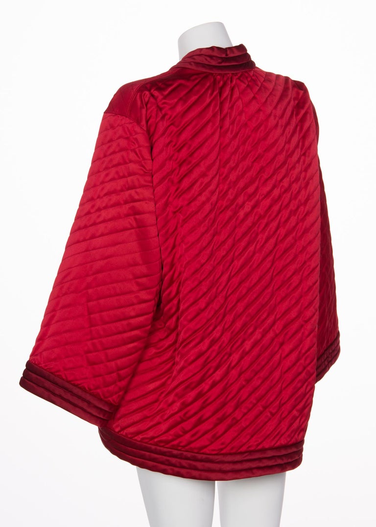 1970s Yves Saint Laurent Chinese Quilted Red Satin Jacket YSL