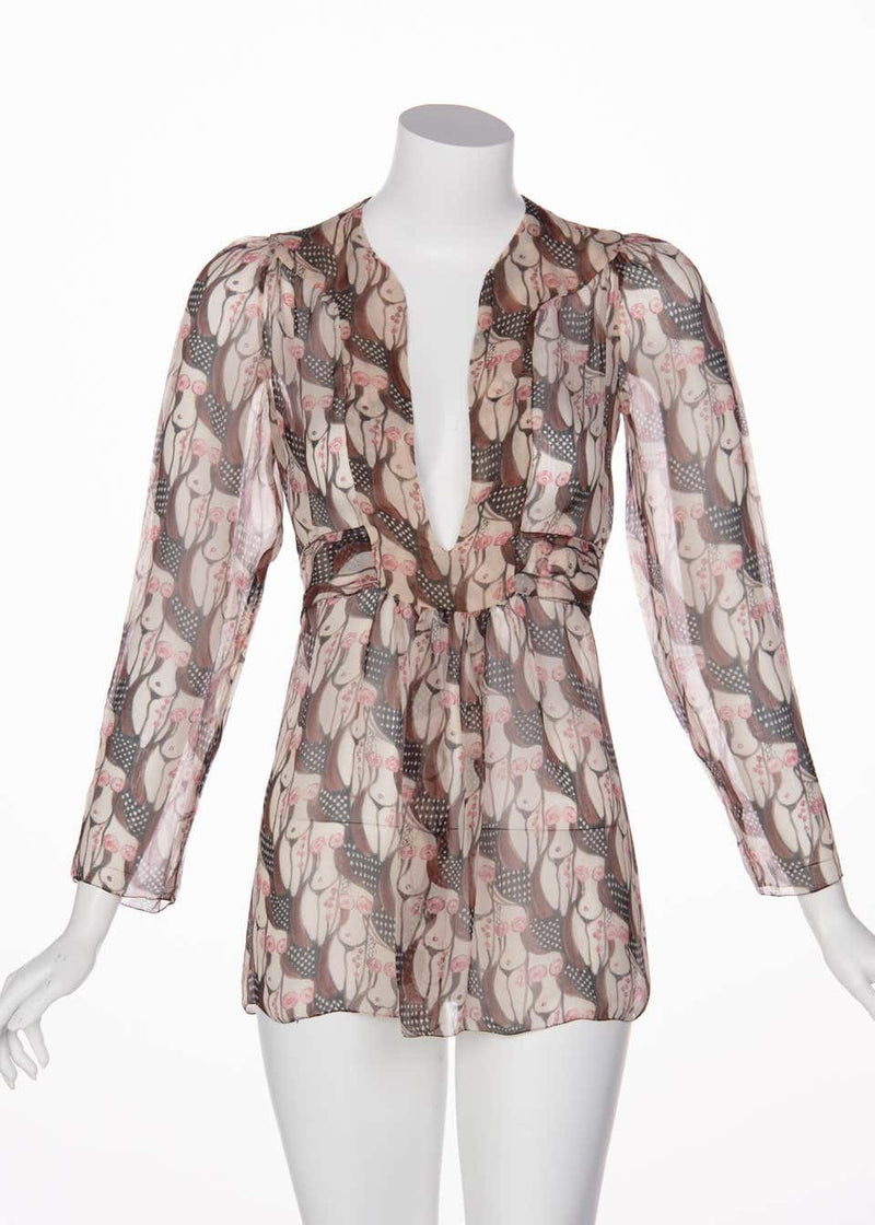 Prada "Naked Lady" Print Plunge Neck Silk Blouse Sex and The City, 2001