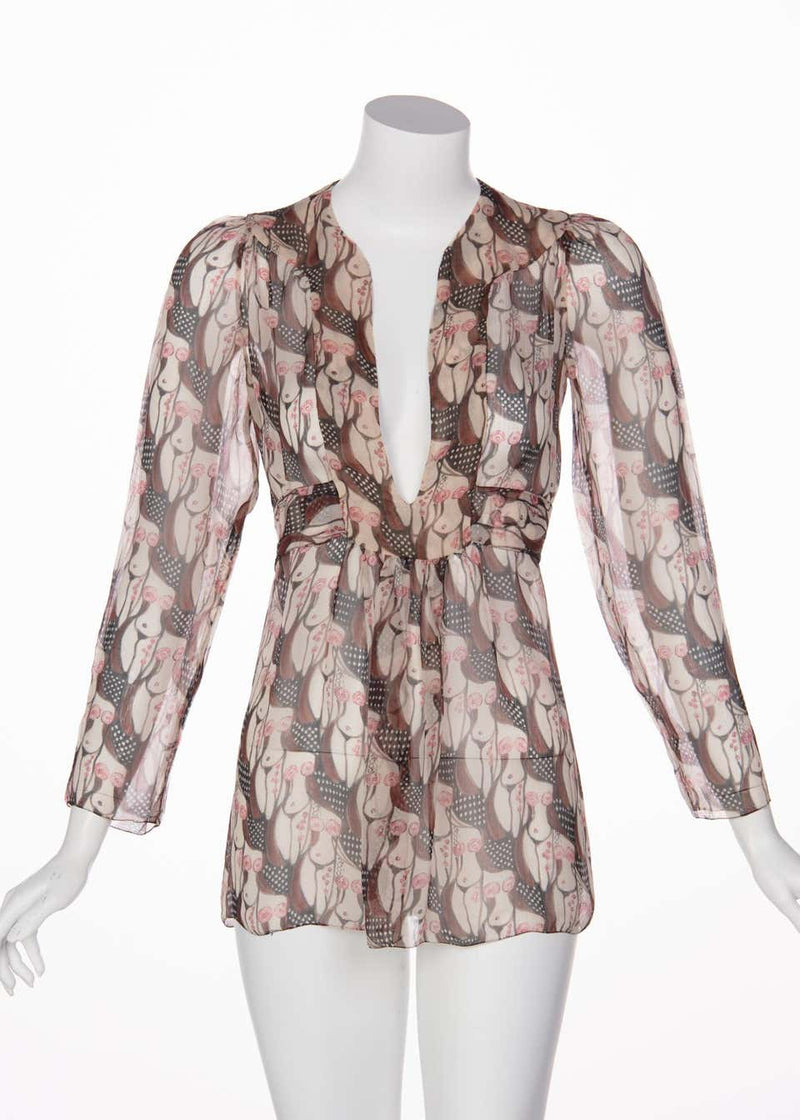 Prada "Naked Lady" Print Plunge Neck Silk Blouse Sex and The City, 2001
