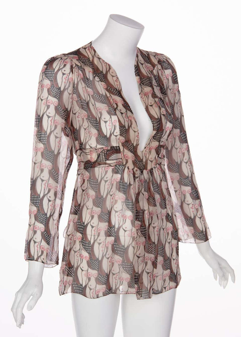 Prada "Naked Lady" Print Plunge Neck Silk Blouse Sex and The City, 2001