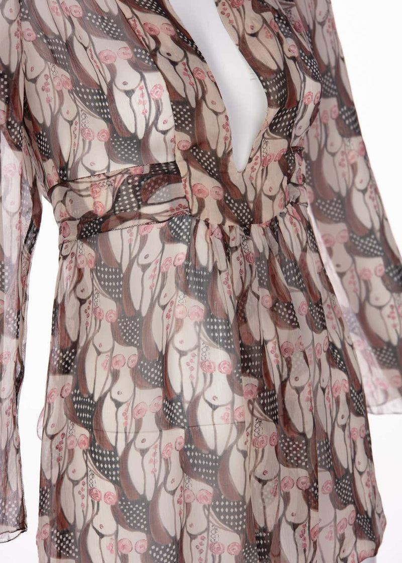 Prada "Naked Lady" Print Plunge Neck Silk Blouse Sex and The City, 2001