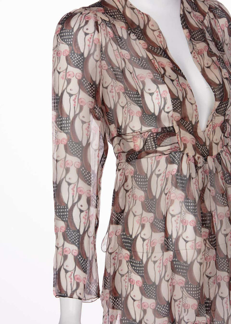 Prada "Naked Lady" Print Plunge Neck Silk Blouse Sex and The City, 2001