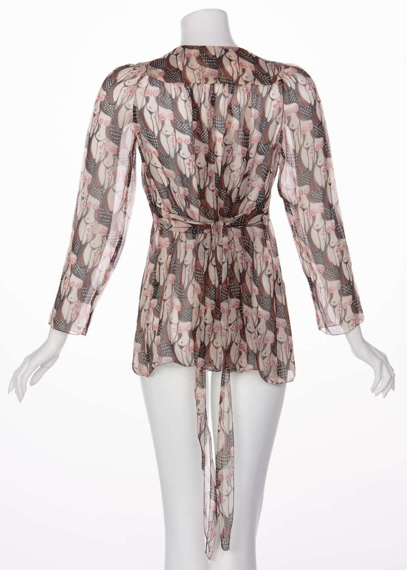 Prada "Naked Lady" Print Plunge Neck Silk Blouse Sex and The City, 2001