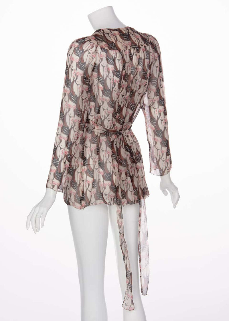 Prada "Naked Lady" Print Plunge Neck Silk Blouse Sex and The City, 2001