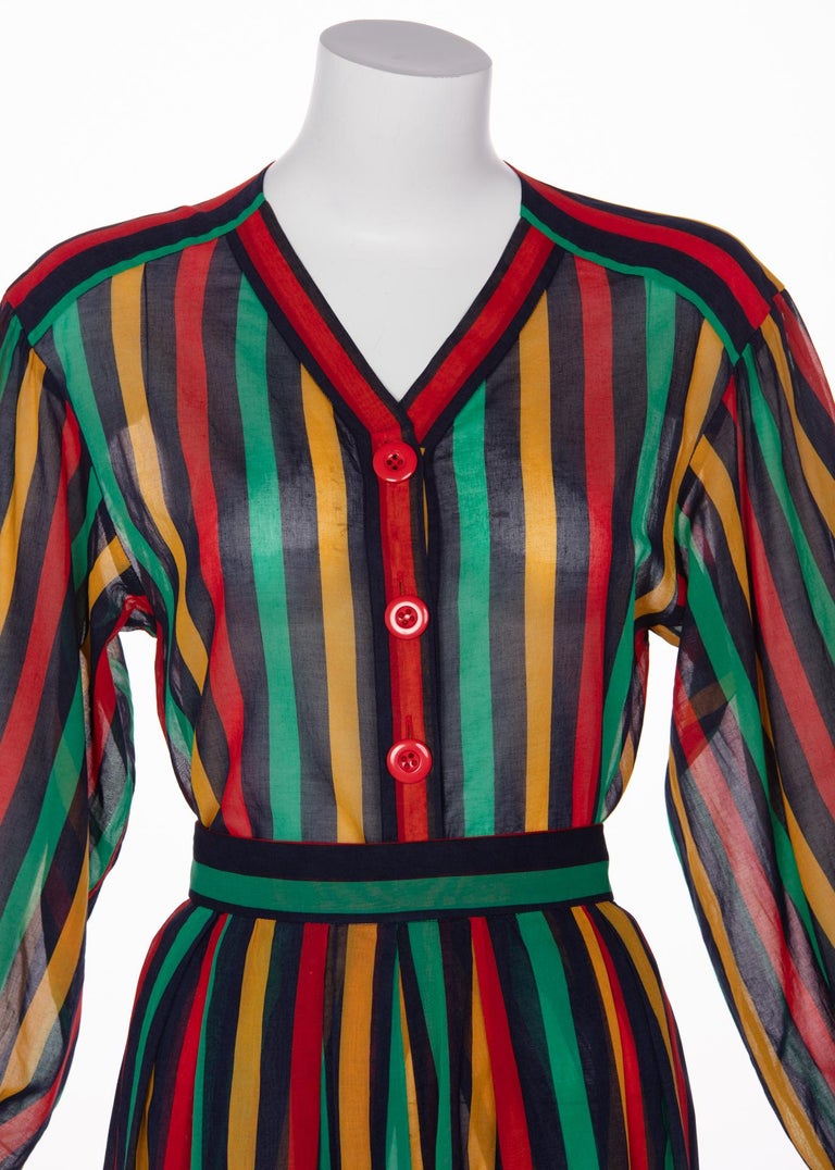 Yves Saint Laurent YSL Red Green Multicolored Striped Blouse / Skirt Set, 1990s