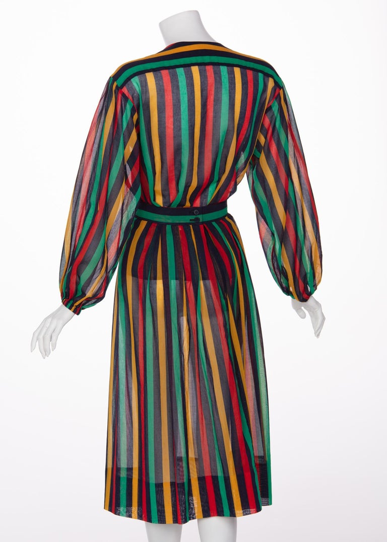Yves Saint Laurent YSL Red Green Multicolored Striped Blouse / Skirt Set, 1990s