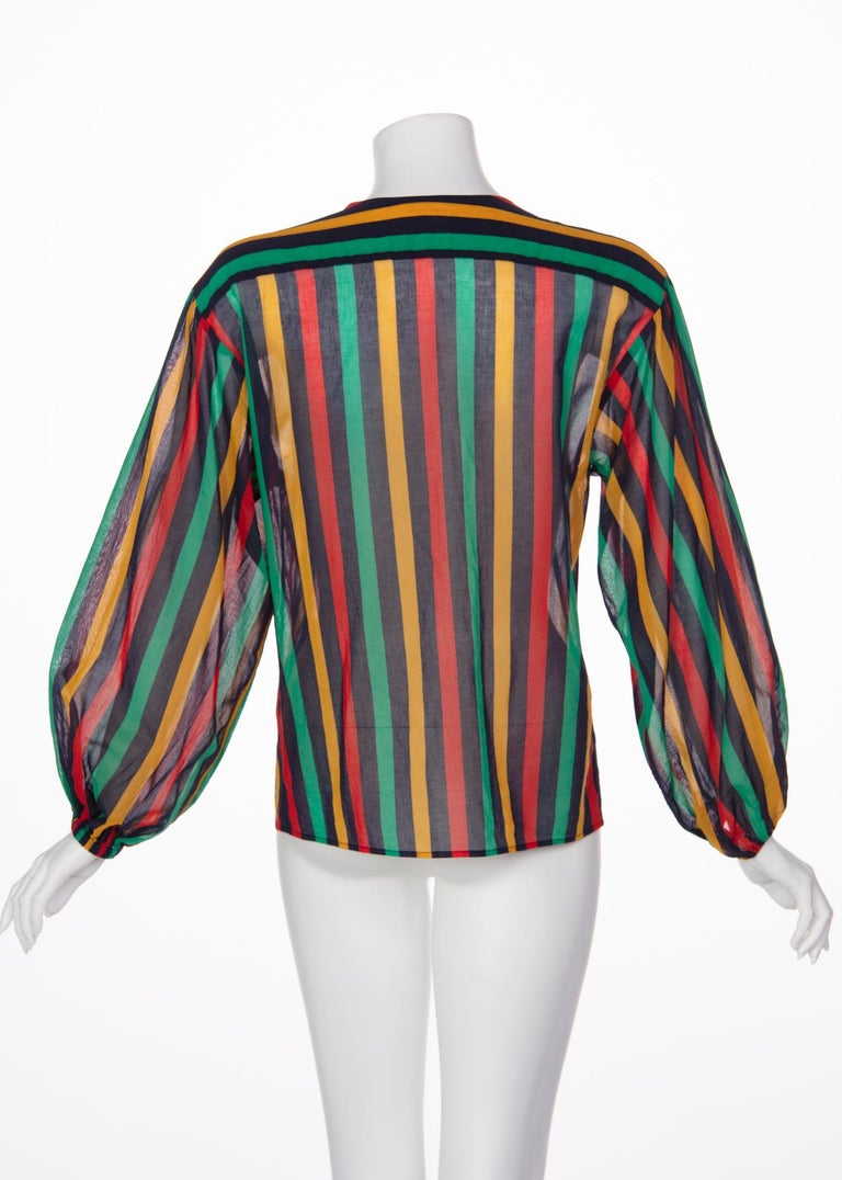 Yves Saint Laurent YSL Red Green Multicolored Striped Blouse / Skirt Set, 1990s