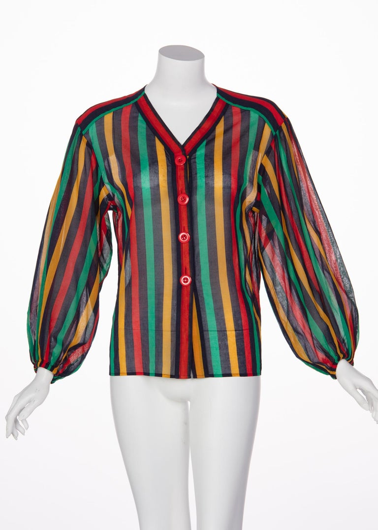 Yves Saint Laurent YSL Red Green Multicolored Striped Blouse / Skirt Set, 1990s