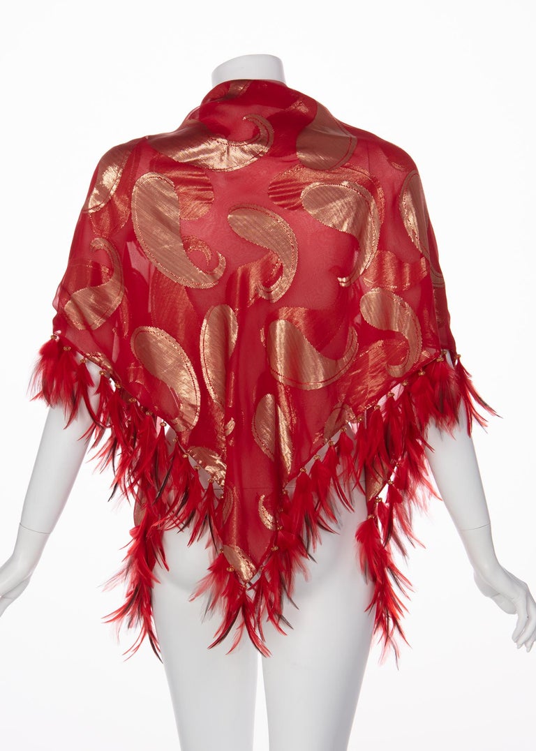 1970s Yves Saint Laurent Red Gold Paisley Silk Feather Shawl YSL