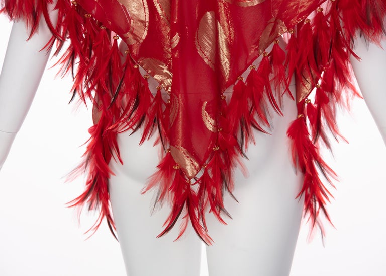 1970s Yves Saint Laurent Red Gold Paisley Silk Feather Shawl YSL