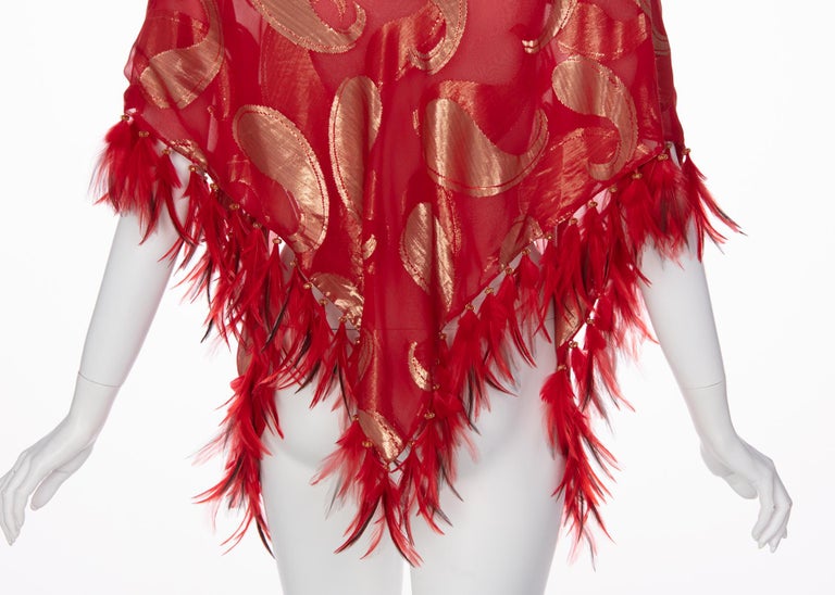 1970s Yves Saint Laurent Red Gold Paisley Silk Feather Shawl YSL