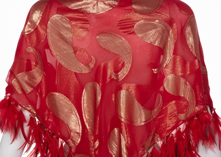 1970s Yves Saint Laurent Red Gold Paisley Silk Feather Shawl YSL