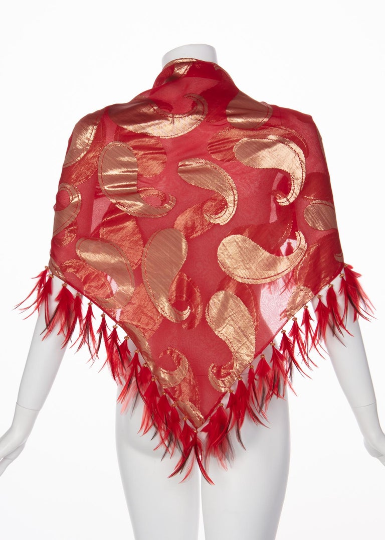 1970s Yves Saint Laurent Red Gold Paisley Silk Feather Shawl YSL