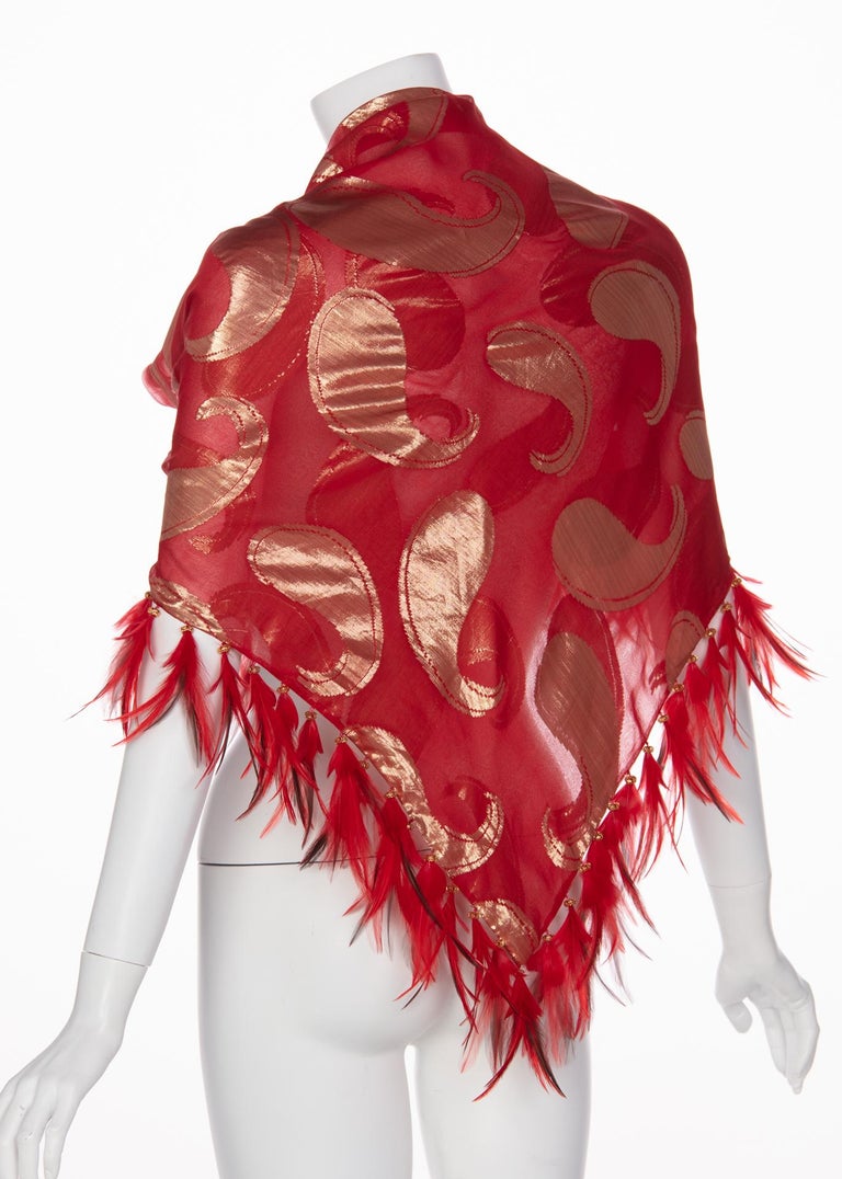 1970s Yves Saint Laurent Red Gold Paisley Silk Feather Shawl YSL