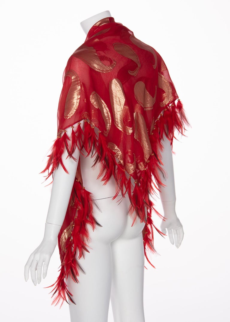 1970s Yves Saint Laurent Red Gold Paisley Silk Feather Shawl YSL