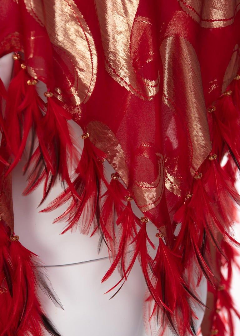 1970s Yves Saint Laurent Red Gold Paisley Silk Feather Shawl YSL