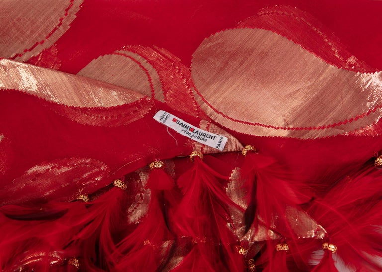 1970s Yves Saint Laurent Red Gold Paisley Silk Feather Shawl YSL