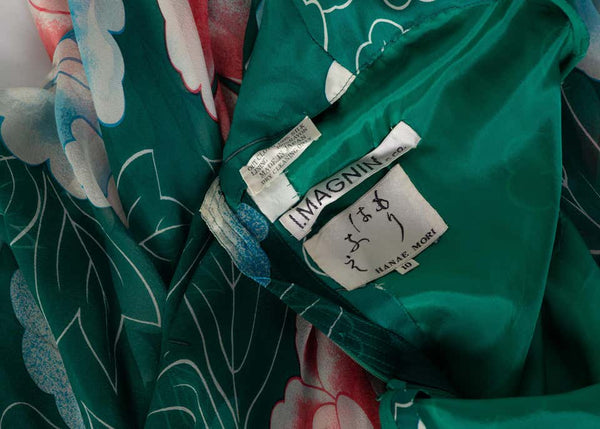 Hanae Mori Couture Green Floral Print Silk Caftan Maxi Dress, 1970s