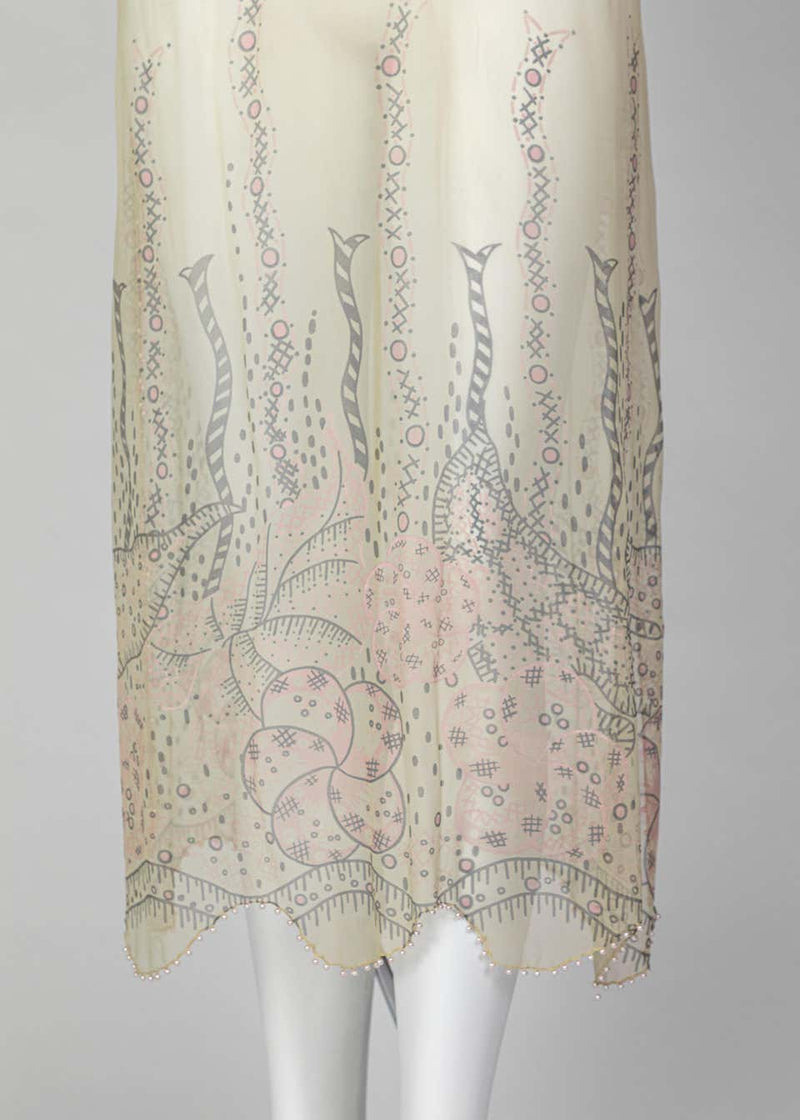 Zandra Rhodes Unlabelled Hand Painted Sheer Silk Pearl Edged Dress, 1980s