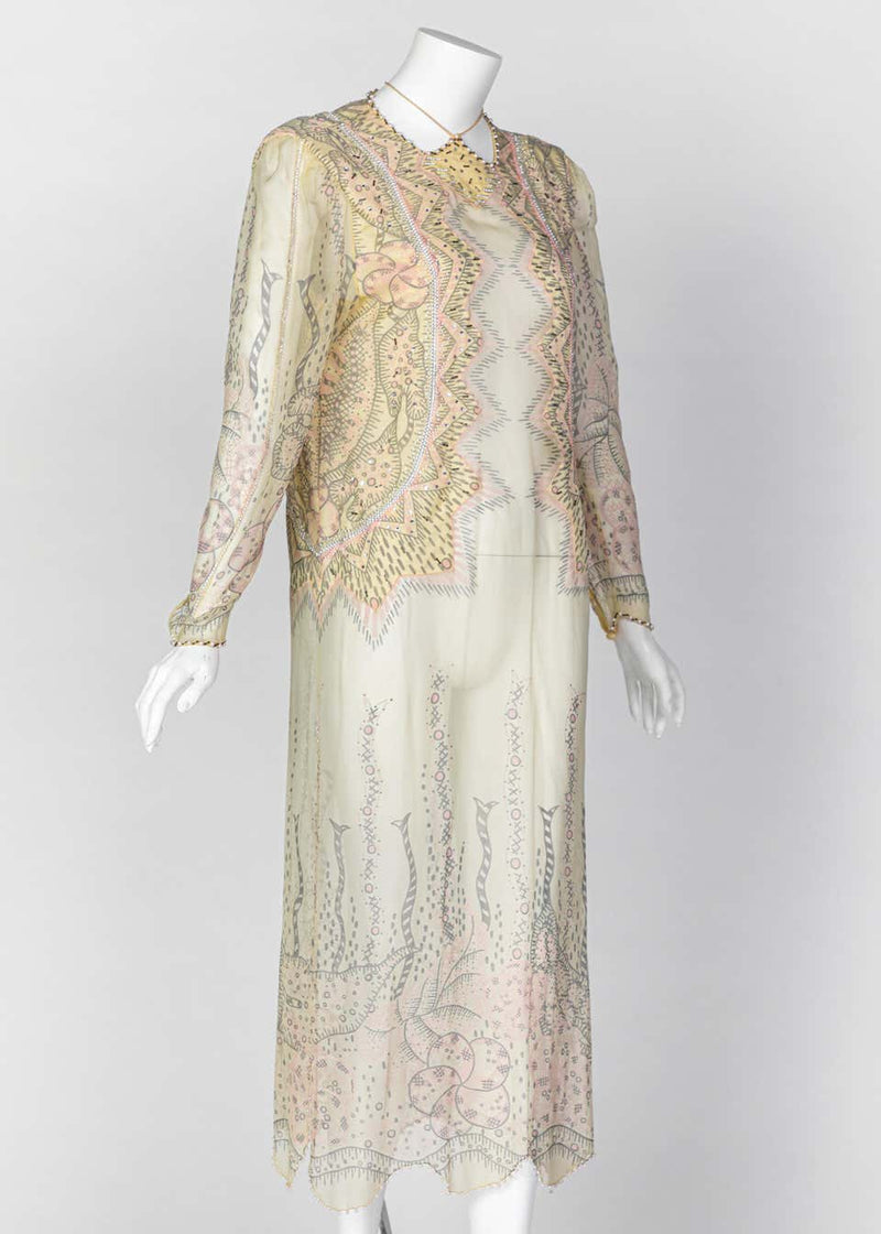 Zandra Rhodes Unlabelled Hand Painted Sheer Silk Pearl Edged Dress, 1980s