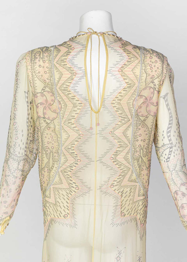 Zandra Rhodes Unlabelled Hand Painted Sheer Silk Pearl Edged Dress, 1980s