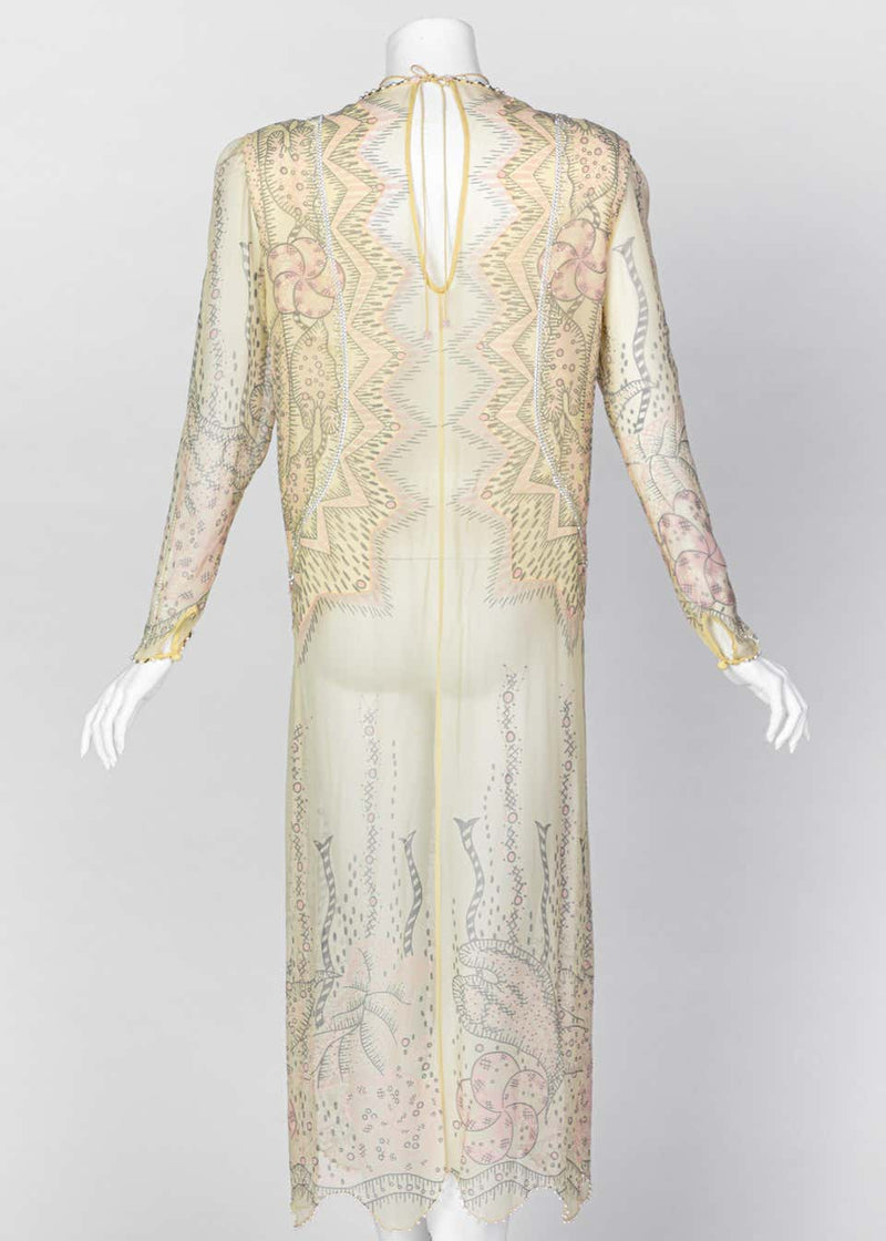 Zandra Rhodes Unlabelled Hand Painted Sheer Silk Pearl Edged Dress, 1980s