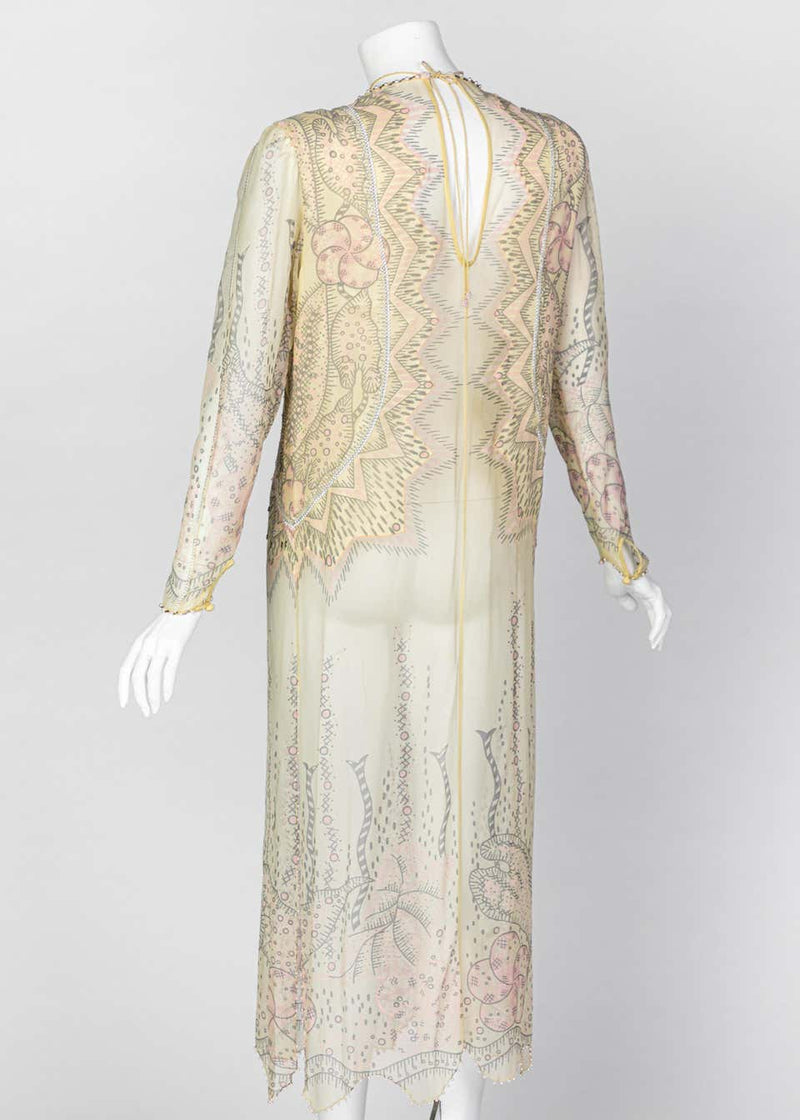 Zandra Rhodes Unlabelled Hand Painted Sheer Silk Pearl Edged Dress, 1980s