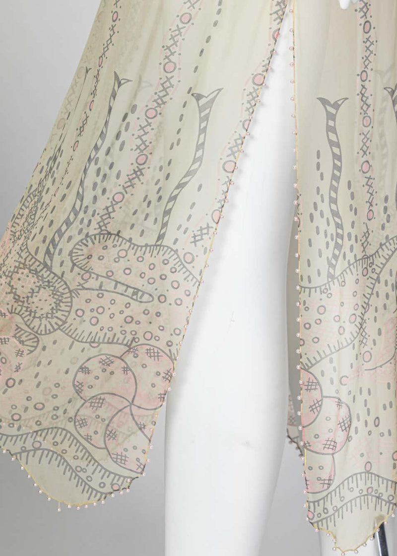 Zandra Rhodes Unlabelled Hand Painted Sheer Silk Pearl Edged Dress, 1980s