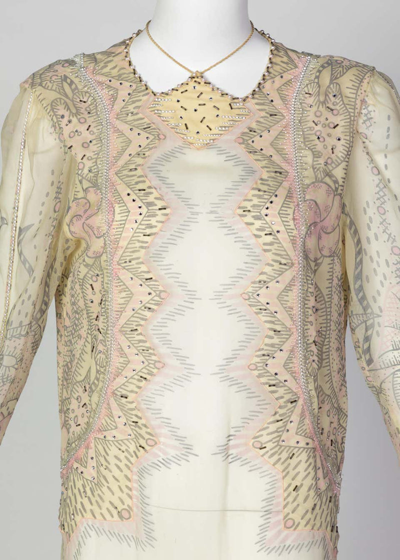 Zandra Rhodes Unlabelled Hand Painted Sheer Silk Pearl Edged Dress, 1980s