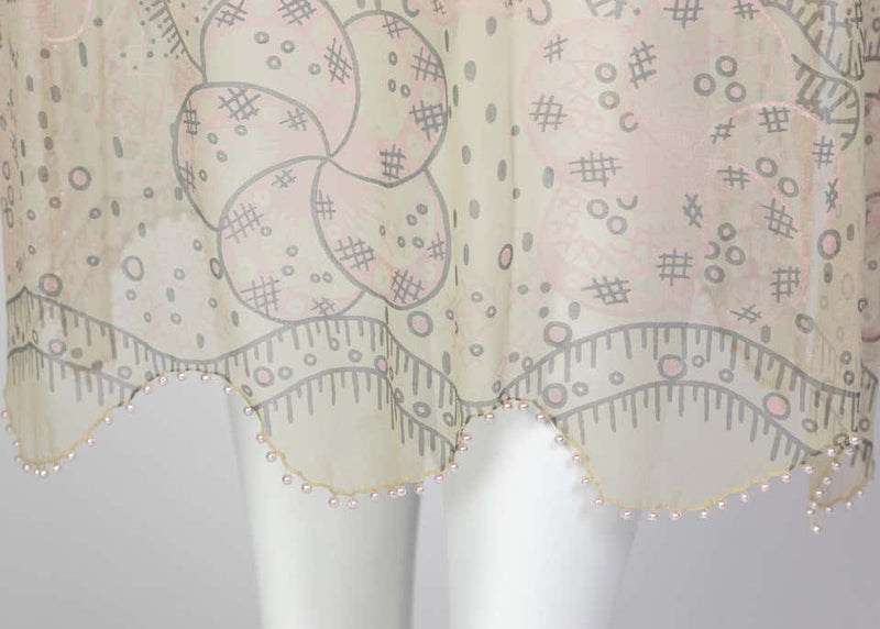 Zandra Rhodes Unlabelled Hand Painted Sheer Silk Pearl Edged Dress, 1980s