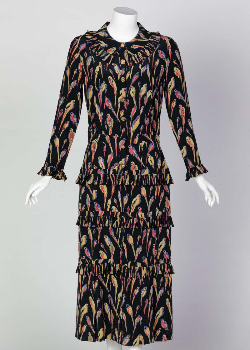 Chanel Black Silk Colorful Bird Print Gold Button Dress, 1980s