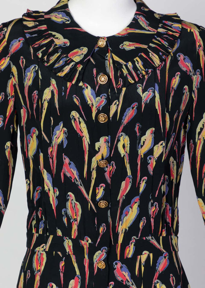 Chanel Black Silk Colorful Bird Print Gold Button Dress, 1980s