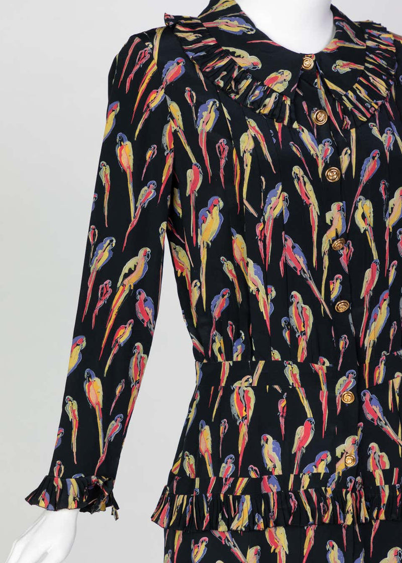 Chanel Black Silk Colorful Bird Print Gold Button Dress, 1980s