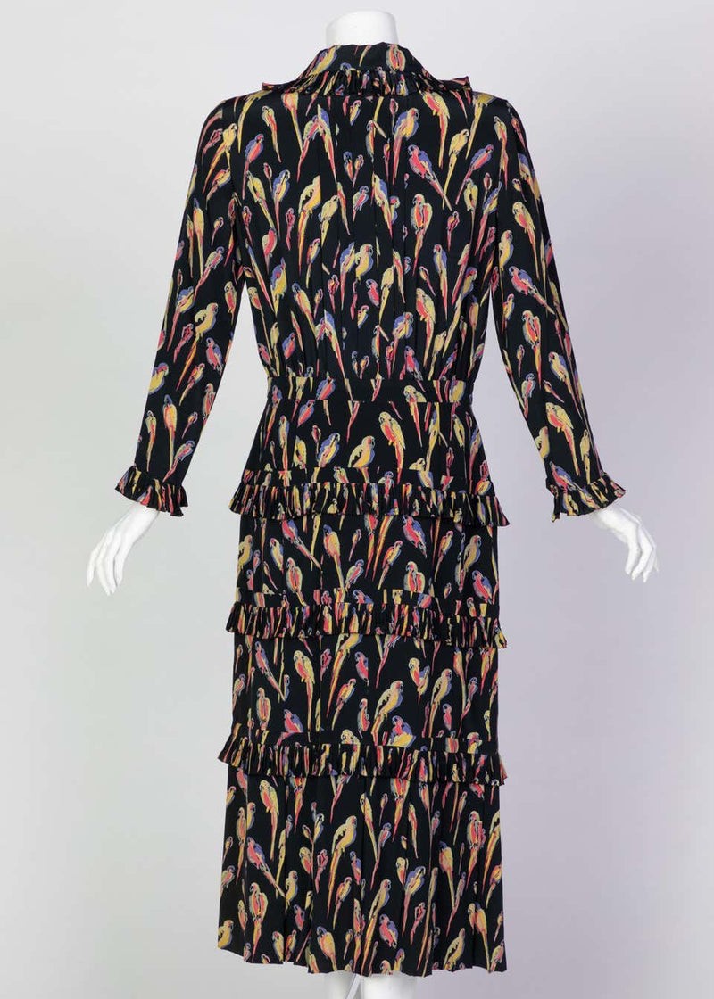 Chanel Black Silk Colorful Bird Print Gold Button Dress, 1980s