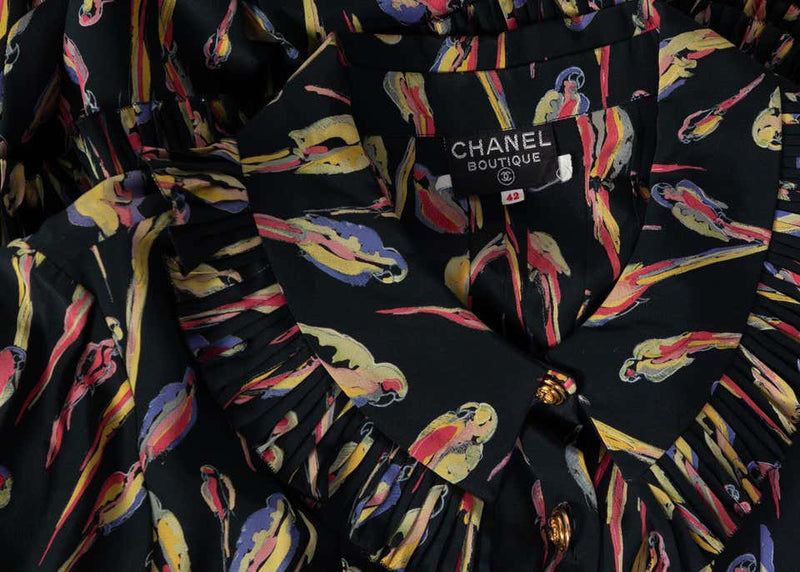 Chanel Black Silk Colorful Bird Print Gold Button Dress, 1980s
