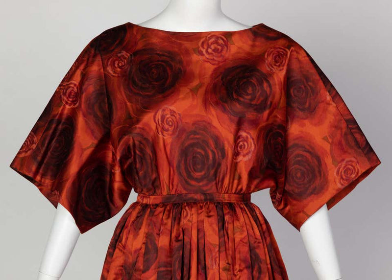 James Galanos Orange Purple Copper Floral Silk Party Dress, 1960s