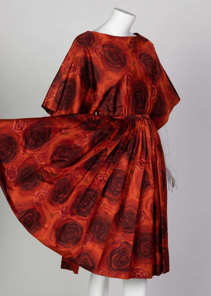 James Galanos Orange Purple Copper Floral Silk Party Dress, 1960s
