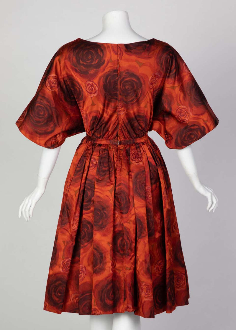 James Galanos Orange Purple Copper Floral Silk Party Dress, 1960s