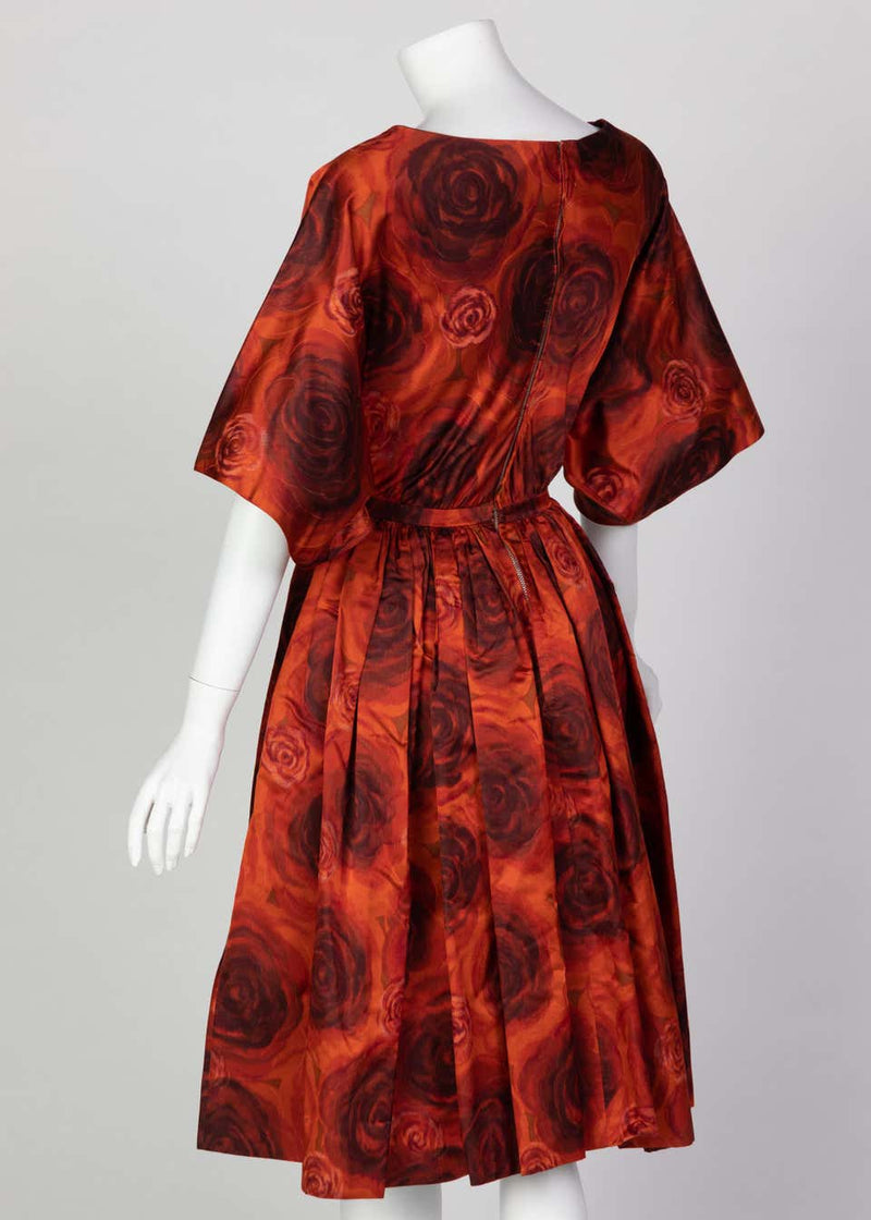 James Galanos Orange Purple Copper Floral Silk Party Dress, 1960s