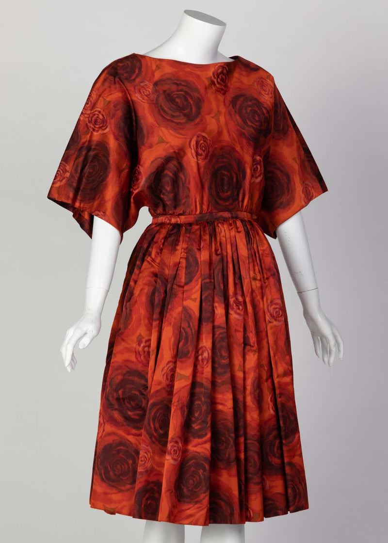James Galanos Orange Purple Copper Floral Silk Party Dress, 1960s