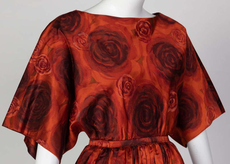 James Galanos Orange Purple Copper Floral Silk Party Dress, 1960s