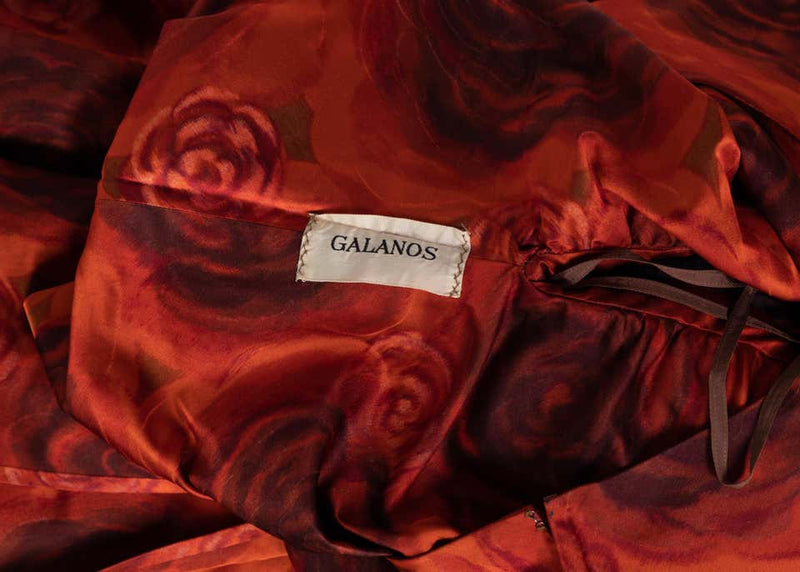 James Galanos Orange Purple Copper Floral Silk Party Dress, 1960s