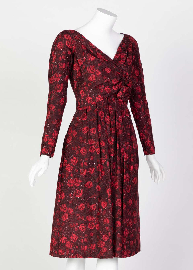 Christian Dior Demi-Couture Red Black Floral Silk Dress, 1950s