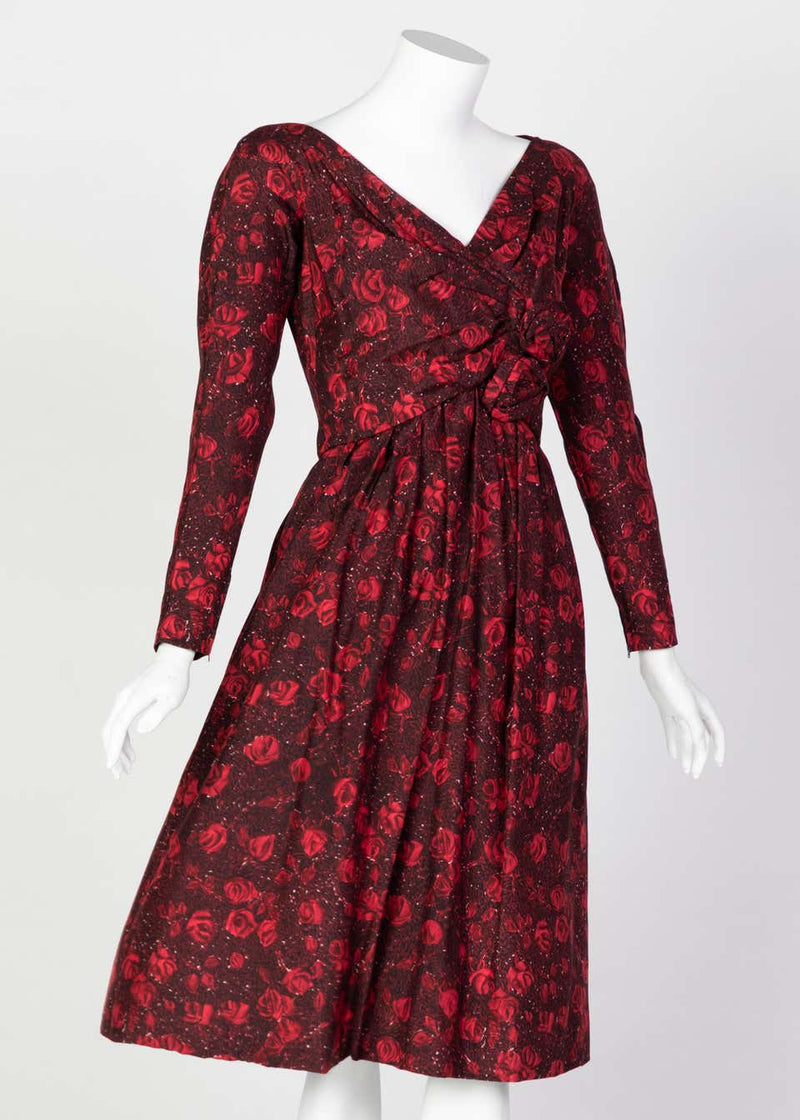 Christian Dior Demi-Couture Red Black Floral Silk Dress, 1950s