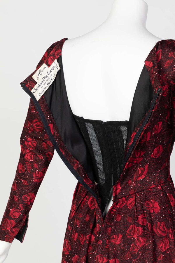 Christian Dior Demi-Couture Red Black Floral Silk Dress, 1950s